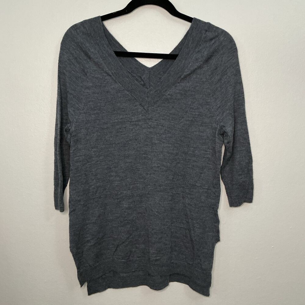 Anthropologie Moth Gray 100% Merino Wool V-Neck Knit Sweater 3/4 Sleeve XS
